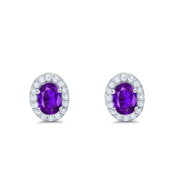 Stud Earrings Wedding Oval Simulated Amethyst CZ 925 Sterling Silver (11mm)